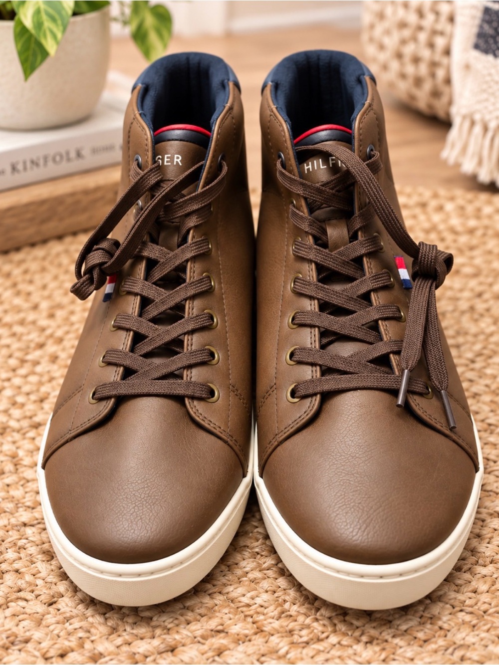 Tommy Hilfiger Brown Leather High-Top Sneakers with Tricolor Detail